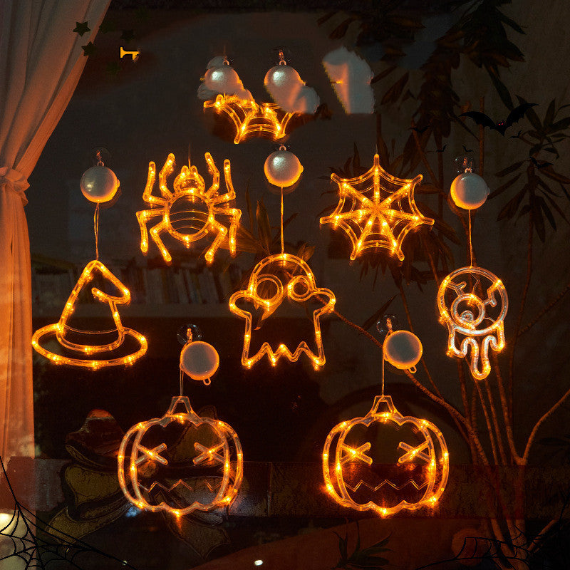 Halloween Hanging LED Window Lights – Pumpkin, Spider & Ghost Decorations for Family Party & Home Décor