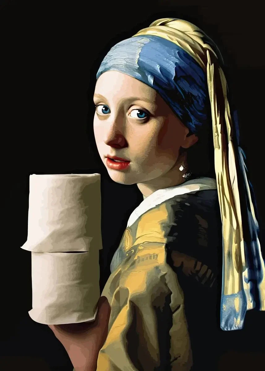 Funny Bathroom Toilet Decoration Painting Mona Lisa Wearing Pearls Girl with Roll Paper Canvas Prints Posters Home Wall Decor