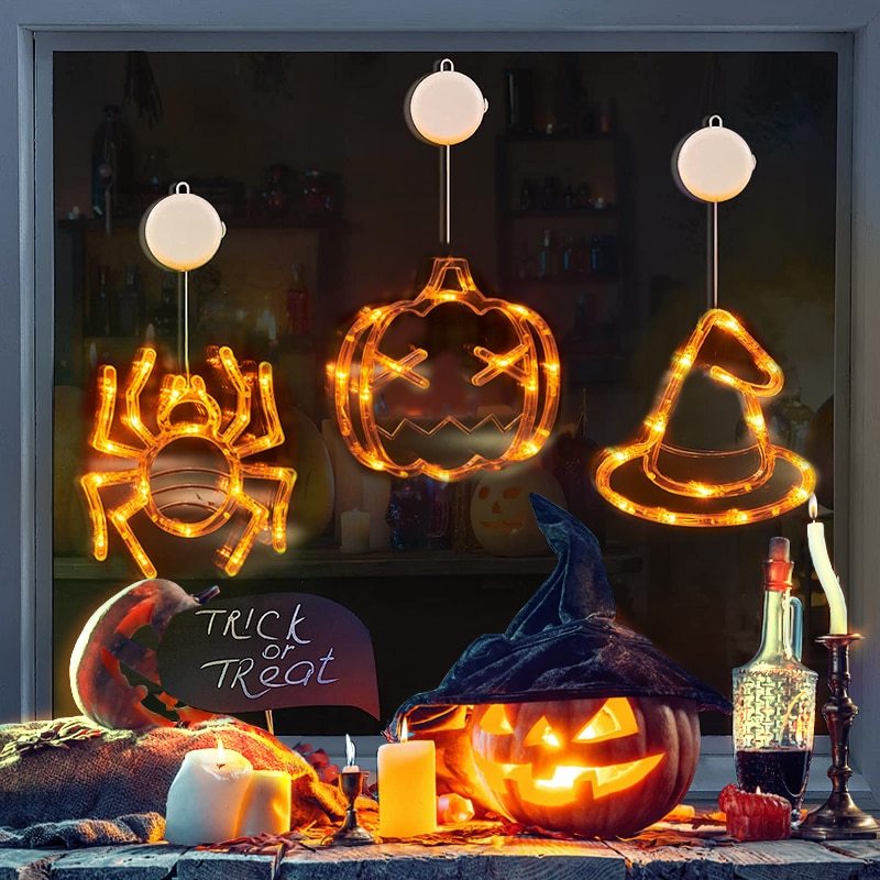 Halloween Hanging LED Window Lights – Pumpkin, Spider & Ghost Decorations for Family Party & Home Décor