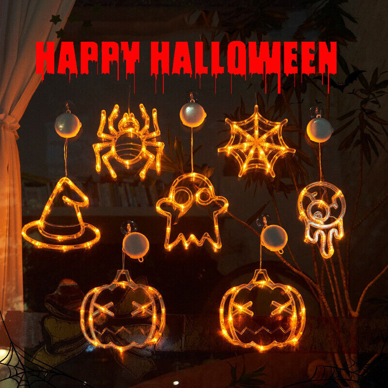 Halloween Hanging LED Window Lights – Pumpkin, Spider & Ghost Decorations for Family Party & Home Décor