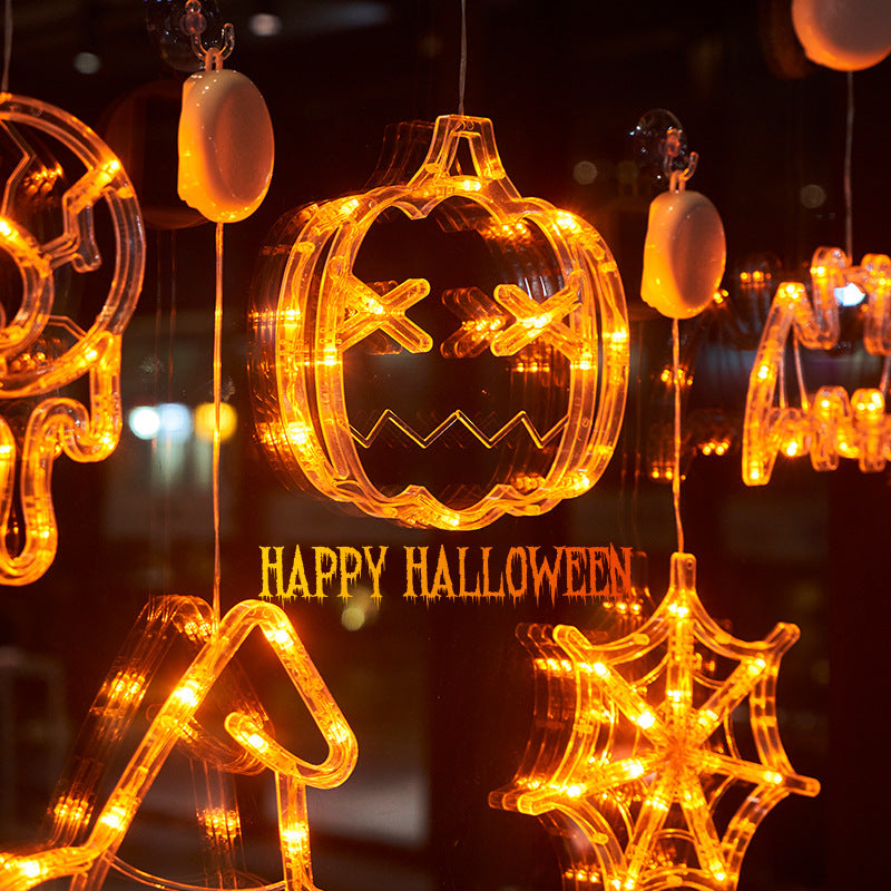 Halloween Hanging LED Window Lights – Pumpkin, Spider & Ghost Decorations for Family Party & Home Décor