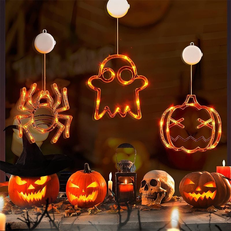 Halloween Hanging LED Window Lights – Pumpkin, Spider & Ghost Decorations for Family Party & Home Décor