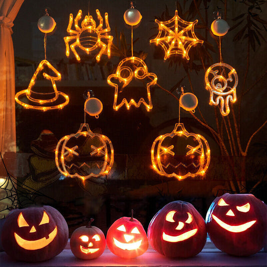 Halloween Hanging LED Window Lights – Pumpkin, Spider & Ghost Decorations for Family Party & Home Décor