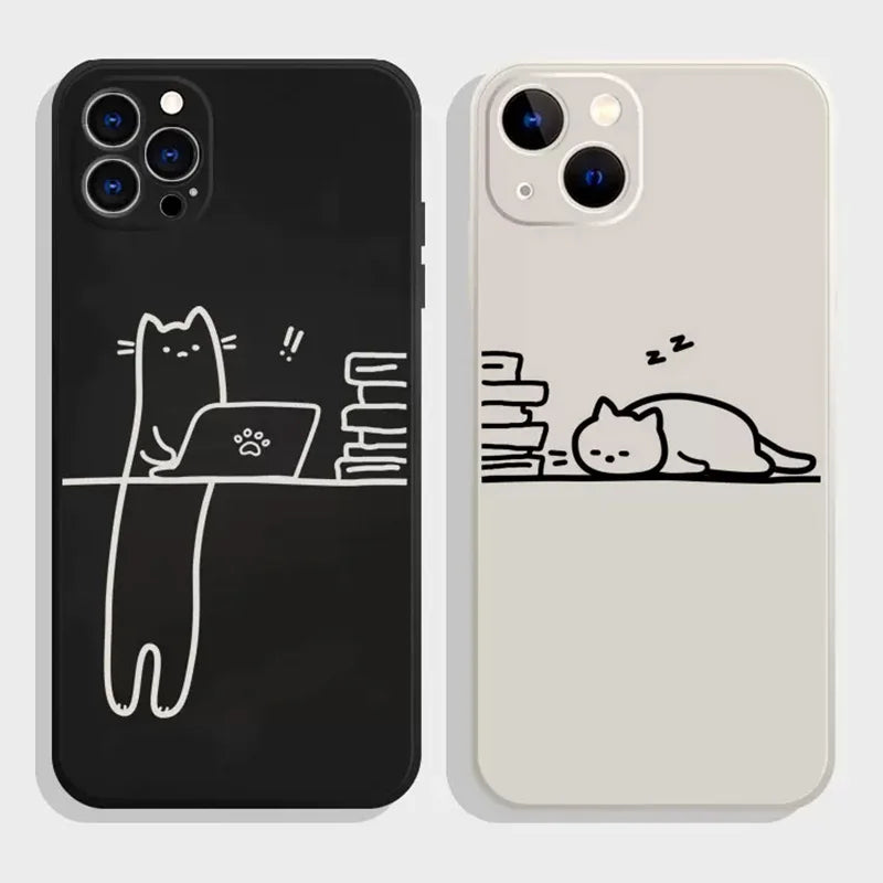 Funny Animal Cat Paired Couple Phone Case for iPhone 15 14 13 12 Pro Max Cartoon Protector Cover Shell